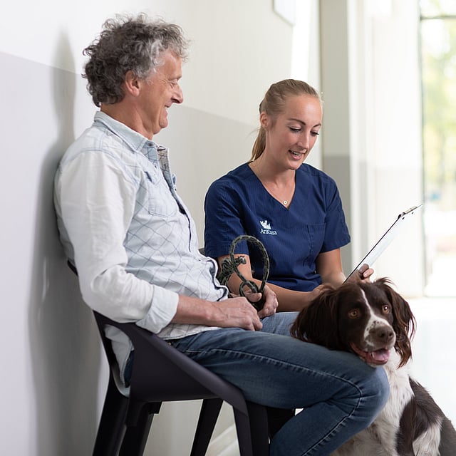 Eine Person und eine Person, die mit einem Hund auf einem Stuhl sitzt.